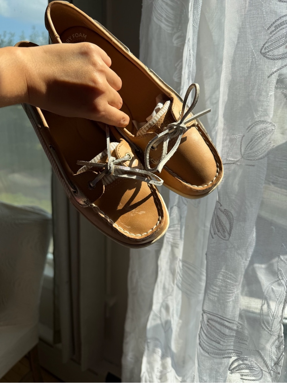Sperry Women's Tan Moccasin Boat Shoes with White Laces
